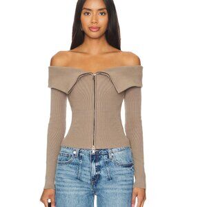 Lovers + Friends Giugno Full Zip Off Shoulder Cardigan Sweater Taupe Sz S $178